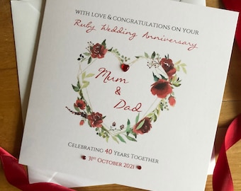 Ruby Wedding Anniversary Card, 40th, Anniversary Card, 40 Years Personalised Anniversary - Mum, Dad, Nan, Grandad, Friends, Relatives