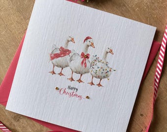 Christmas Geese Luxury Christmas Cards with Crystals - Pack/6 - Coloured Envelopes - Unique Christmas Designs