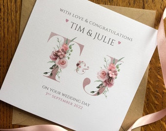 Personalised Bride & Groom Initials Monogram Wedding Day Card - Dusty Pink Letters - Congratulations Wedding Day, Mr and Mrs, names and date