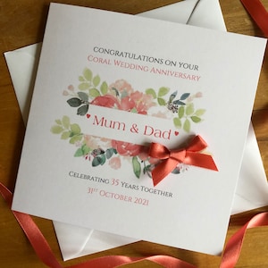 Coral 35th Wedding Anniversary Card, Coral Anniversary, 35 Years, Personalised Floral Frame Card - 6&quot; / 15cm - Mum, Dad, Nan, Grandad