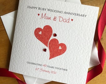 Ruby Wedding Anniversary Card, 40th, Anniversary Card, 40 Years Personalised Anniversary - Two Hearts - Mum, Dad, Nan, Grandad, Friends etc
