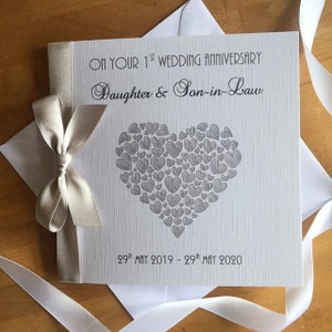 Personalised 1st Wedding Anniversary Card Paper Heart of Hearts any names / colour of heart / ribbon bow Envelope or Box image 2