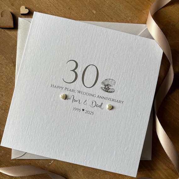 Pearl 30th Wedding Anniversary Card, 30th Pearl Shell Hearts, 30 Years Personalised Anniversary - Mum Dad, Nan Grandad, Friends - any names
