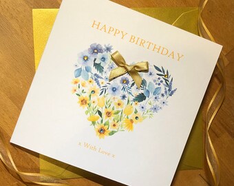 Charity Card - Support UKRAINE - Handmade Birthday Card - Floral Heart with Crystals