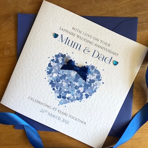 Sapphire Wedding Anniversary Card, 45th or 65th Heart Hearts, 45/65 Years Personalised Anniversary - Mum Dad, Nan Grandad, Friends,Relatives