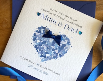 Sapphire Wedding Anniversary Card, 45th or 65th Heart Hearts, 45/65 Years Personalised Anniversary - Mum Dad, Nan Grandad, Friends,Relatives