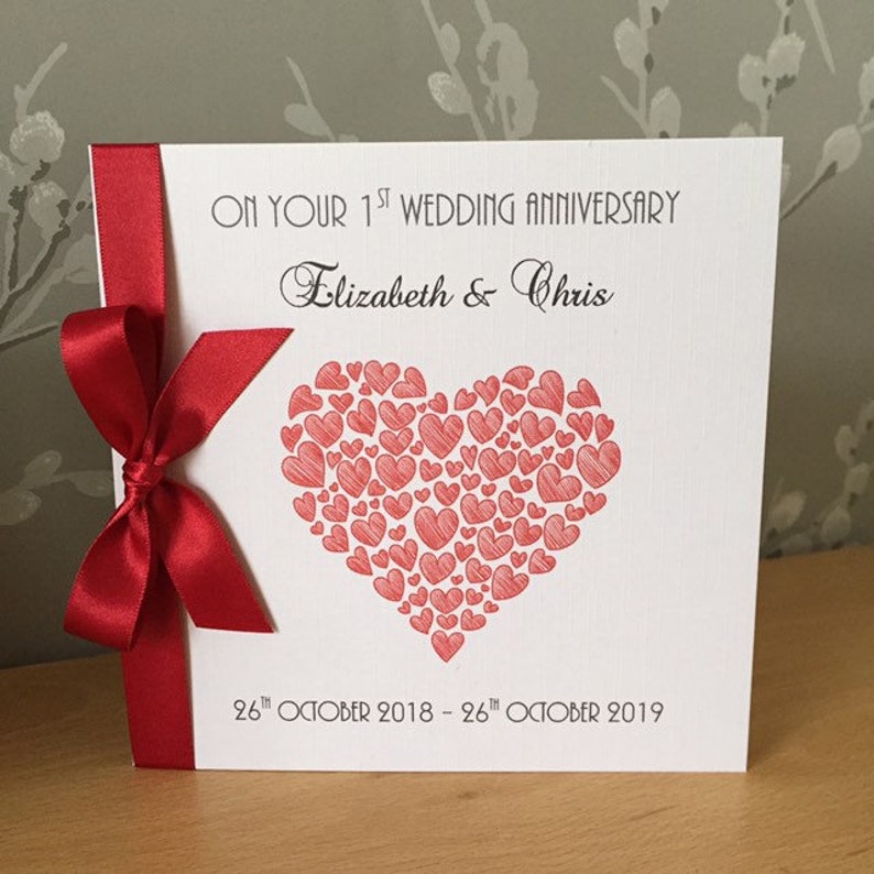 Personalised 1st Wedding Anniversary Card Paper Heart of Hearts any names / colour of heart / ribbon bow Envelope or Box image 3