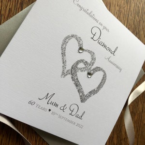 Diamond or Platinum Wedding Anniversary Card, 60th/70th Interlocking Hearts, 60/70 Years Personalised Anniversary Mum Dad, Nan Grandad etc image 2