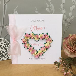 Handmade Personalised Mother's Day Card - Luxury Open Paper Rose Heart - Envelope or Box