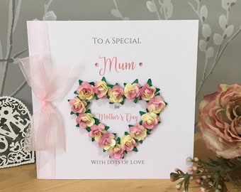 Handmade Personalised Mother's Day Card - Luxury Open Paper Rose Heart - Envelope or Box