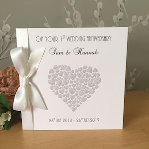 Personalised 1st Wedding Anniversary Card - Paper -  Heart of Hearts - any names / colour of heart / ribbon bow - Envelope or Box