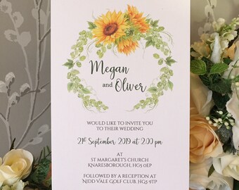 Sunflower Wedding Invitation with Envelopes - Sunflower Wreath Personalised Invite - A5