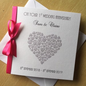 Personalised 1st Wedding Anniversary Card Paper Heart of Hearts any names / colour of heart / ribbon bow Envelope or Box image 6