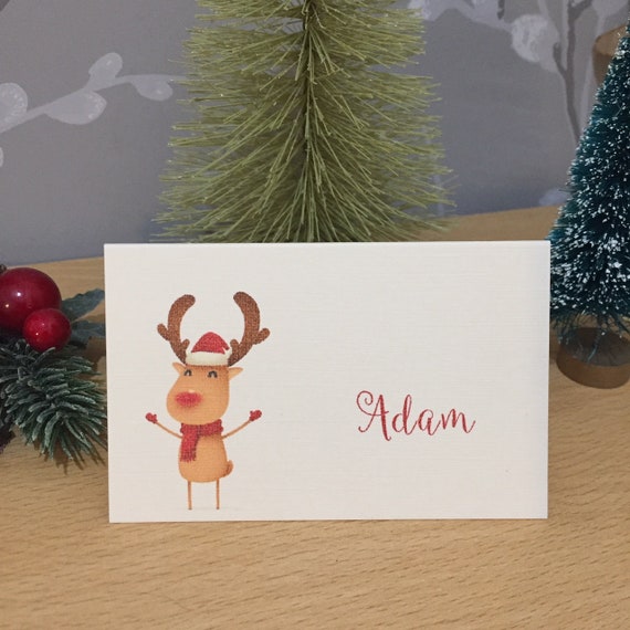 Personalised Christmas Table Name Cards Happy Reindeer Etsy