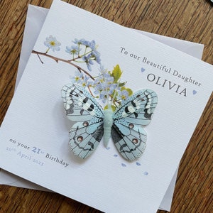 Personalised Birthday Card - Feather Butterfly - Blue or Lemon - Sister, Mum, Aunty, Daughter, Niece - 18th, 21st, 30th, 40th - any age