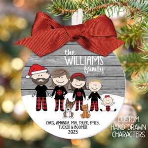 3.5" 2023 Custom Family Christmas Ornament with Hand Drawn Characters in Matching Plaid Pajamas