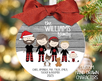 3.5" 2023 Custom Family Christmas Ornament with Hand Drawn Characters in Matching Plaid Pajamas