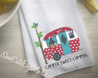 Personalized (or not) Happy Camper Kitchen Towels -Waffle Weave Towel - Camping Gift - Camper - Vacation - Camper Sweet Camper