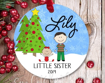 Personalized Little Sister Christmas Ornament: 3" Aluminum Sibling Gift