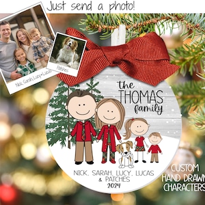 3.5" 2024 Custom Family Christmas Ornament with Pets. Hand Drawn Characters in Christmas Plaid