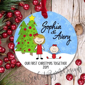 Personalized Our First Christmas Together Ornament: Hand Drawn Brother and Sister with Snowy Background