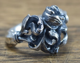 Complicated Heart Ring,delicate hand carving,925,Solid Sterling Silver
