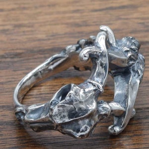 Goat and Goat skull Ring,memento mori,delicate hand carving,925,Solid Sterling Silver