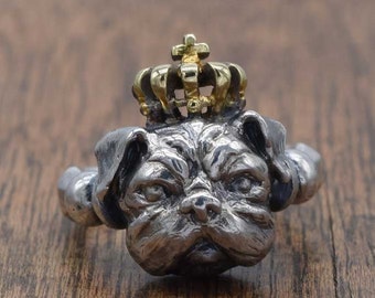 Crown Pug Ring,delicate hand carving,925,Solid Sterling Silver,brass