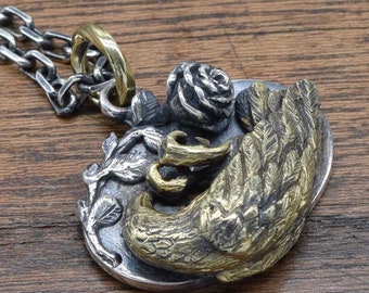 RAVEN and ROSE Pendant,memento mori,delicate hand carving,925,Solid Sterling Silver,Brass