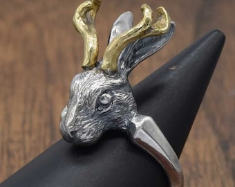 Golden Horn Jackalope Ring,jackalope,rabbit ring,delicate hand carving,925,Solid Sterling Silver,brass