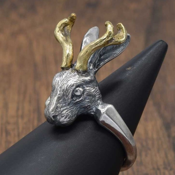 Golden Horn Jackalope Ring,jackalope,rabbit ring,delicate hand carving,925,Solid Sterling Silver,brass