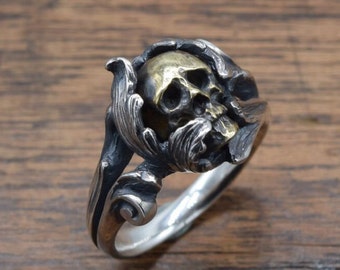 Skull Seed Ring, skull, seed, ring, delicate hand carving, 925, Solid Sterling Silver, brass, R94