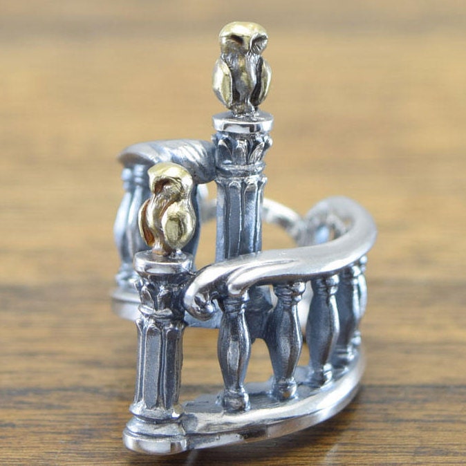 Spiral staircase and Owl Ring,delicate hand carving,925 Solid,Sterling Silver,Brass