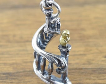Spiral staircase and Owl pendant,delicate hand carving,925 Solid,Sterling Silver,Brass