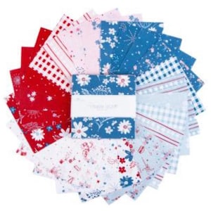 May include: A collection of fabric squares in red, white, and blue floral and patterned designs. The squares are arranged in a circular pattern, with a central stack of fabric squares. The fabric squares are likely for quilting or other craft projects.