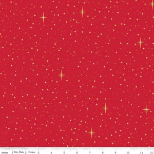 May include: Red fabric with a gold star pattern. The fabric features various sizes of gold stars and smaller gold dots scattered across the red background. The fabric is measured in inches.