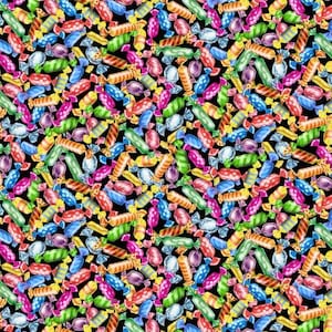 May include: A vibrant pattern of wrapped candies in various colors, including red, blue, green, and yellow, against a black background. The candies are individually wrapped and arranged in a dense, repeating design, creating a colorful and festive look.