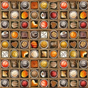 May include: A box of assorted chocolates, each in its own compartment. The chocolates vary in shape, color, and design, including round, heart-shaped, and square pieces. The colors range from dark brown to light brown, with some having colorful accents.