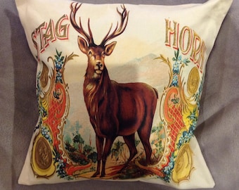 Stag Horn whiskey label featured on a decorative cushion/pillow size 16''x16''