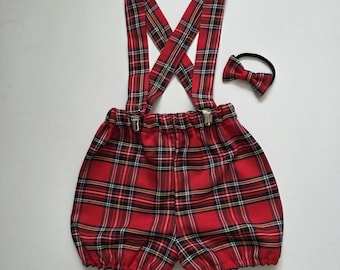 Royal scottish Stewart Tartan Prints  Bloomer with Braces and Bow Cute Baby Set Baby Boys Clothes Winter Xmas outfit NEW