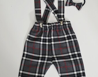 Modern Grey Tartan Print Trousers Pants Trews with Braces and Bow Cute Baby Set Baby Kids Clothes NEW