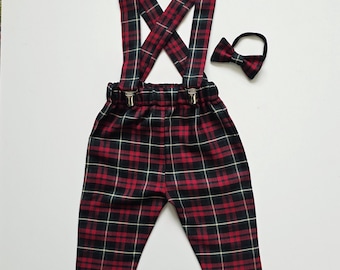 Red and Green Tartan Print Trousers Pants Trews with Braces and Bow Cute Baby Set Baby Kids Clothes NEW