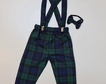 Black Watch Tartan Print Trousers Pants Trews With Braces and Bow