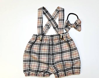 Jungen Handmade Beige Tartan Drucke Pumphose mit Hosenträger und Dickie Fliege Fliege Niedlich Baby Set Baby Jungen Kleidung Winter Weihnachten Outfit NEU