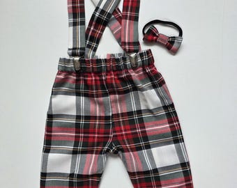 White Tartan Print Trousers Pants Trews with Braces and Bow Cute Baby Set Baby Kids Clothes NEW