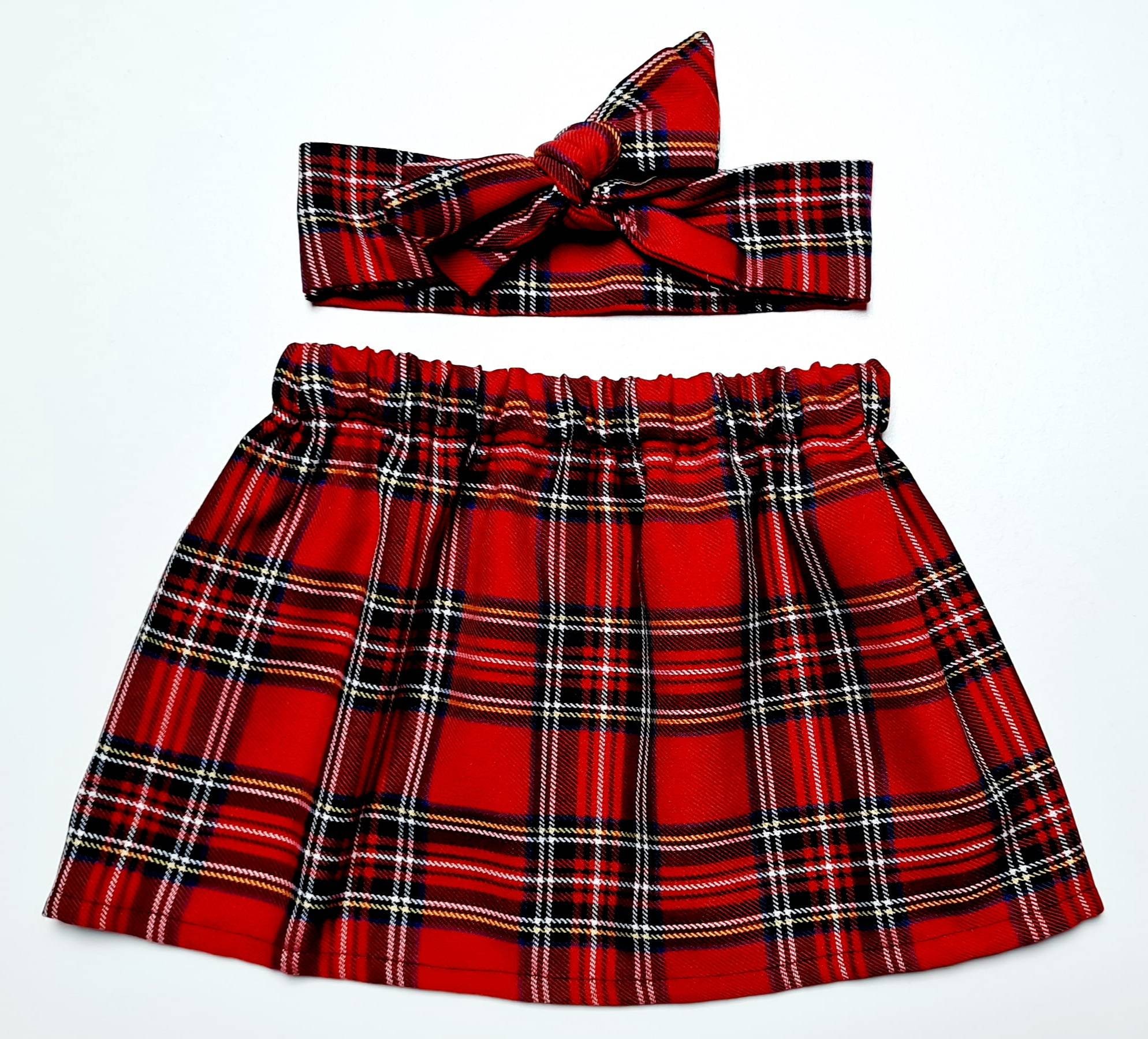 Red Tartan Skirt and Headwrap Cute Baby Set Royal Plaid
