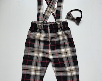 Tartan Print Trousers Pants Trews with Braces and Bow Cute Baby Set Baby Kids Clothes NEW