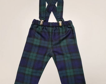 Black Watch Tartan Print Trousers Pants Trews with Braces Wedding Outfit Birthday Outfit Baby Boys Gift Scottish Tartan Festive Outfit