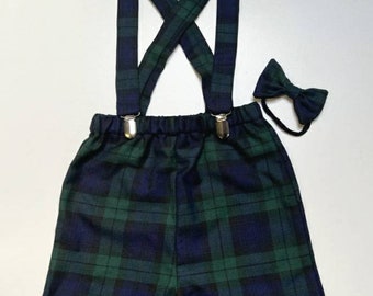 Black Watch Tartan Print Shorts with Braces and Dickie Bow Tie Cute Baby Set Baby Boys Clothes Wedding Xmas Outfit NEW