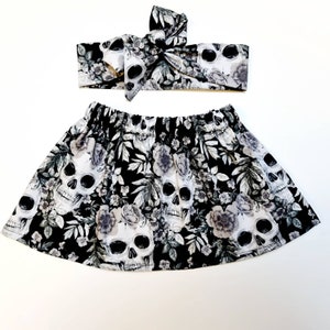 ブラックスカルスカートとヘッドラップ かわいいベビーセット スカルプリント ベビーガールズ服 新品